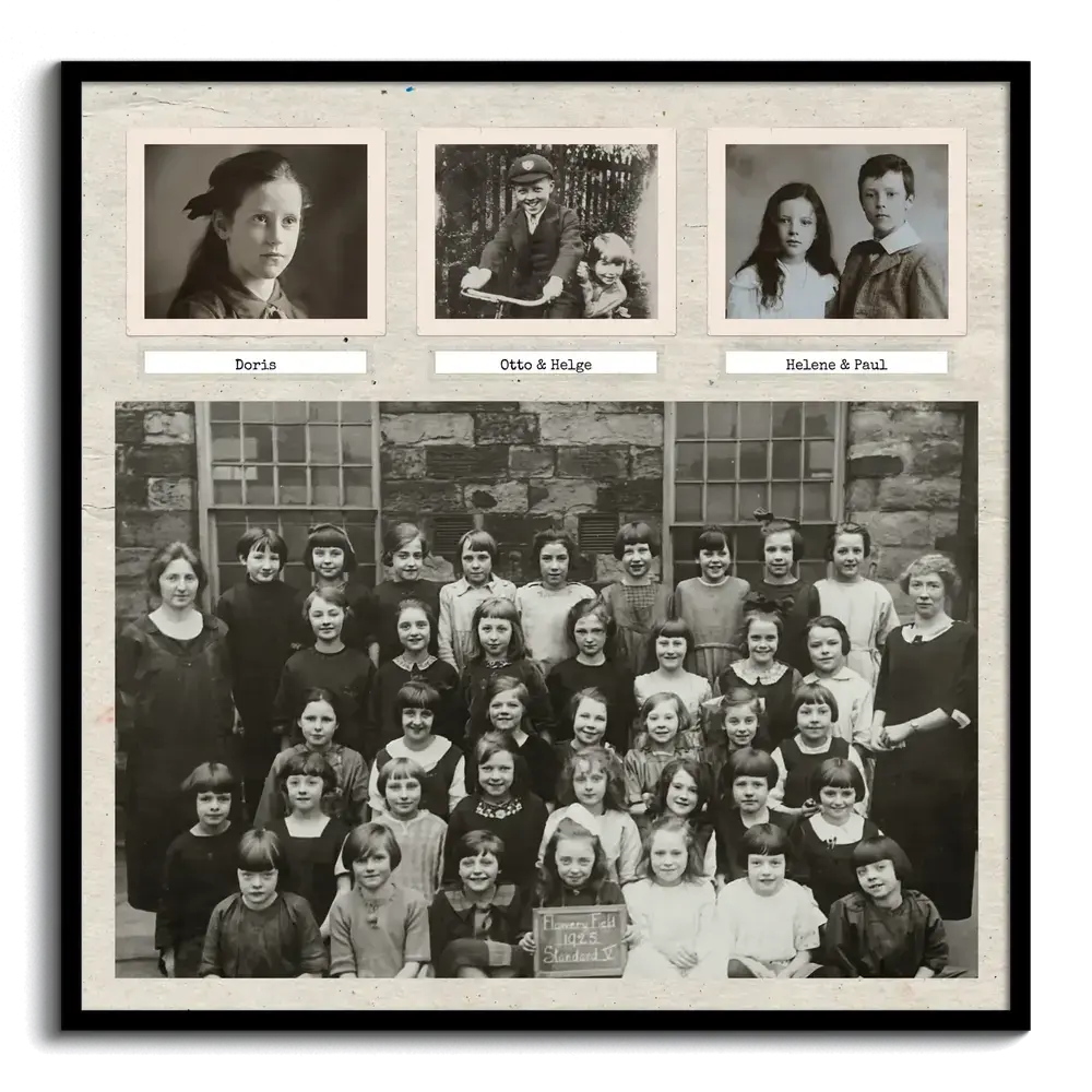Póster retro con marco negro, una gran foto de clase en blanco y negro y tres fotos estilo Polaroid con nombres