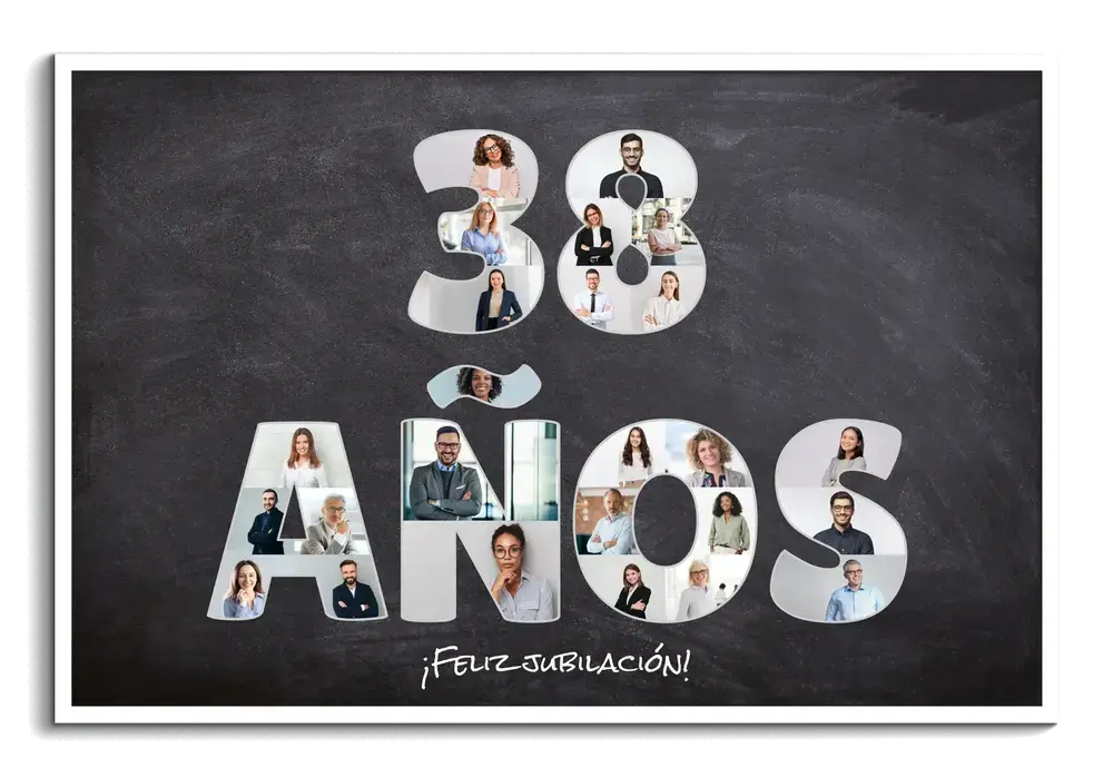 Póster de jubilación con el número 38 y letras rellenos de fotos, sobre fondo oscuro y con marco blanco