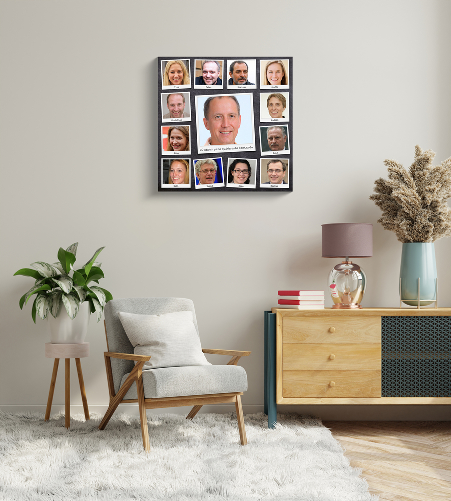 Collage de fotos estilo polaroid con nombres en el salón, un regalo de jubilación de los compañeros