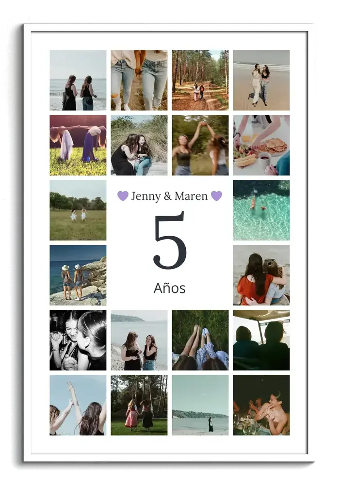 Collage de fotos con un 5 central y nombres en marco blanco, un regalo para celebrar cinco años en pareja
