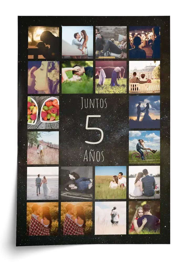Póster vertical con collage de fotos en cuadrícula alrededor de un 5, sobre fondo oscuro, para el quinto aniversario