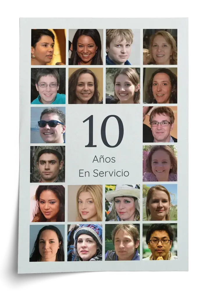 Póster vertical con retratos de compañeros alrededor del número 10 sobre fondo claro, por 10 años en la empresa