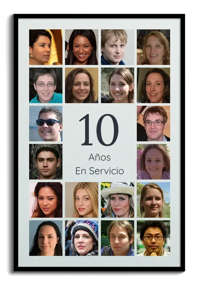 Collage de fotos con un 10 central y marco negro, un regalo para un compañero por sus 10 años en la empresa