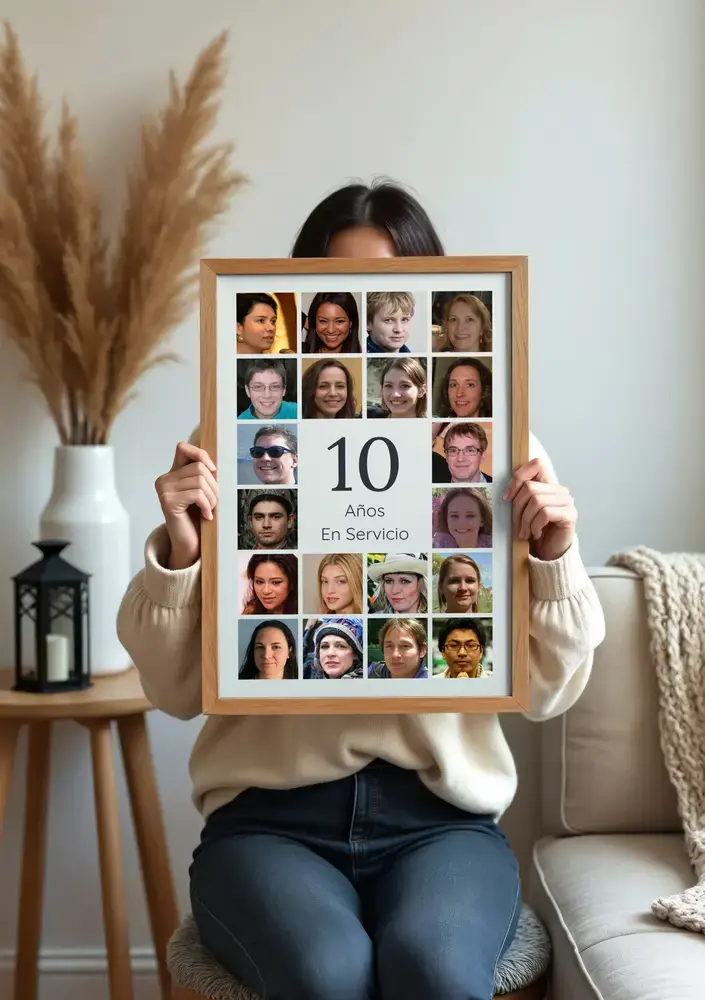 Collage de fotos de compañeros con un 10 en el centro, enmarcado en madera natural y presentado en el salón