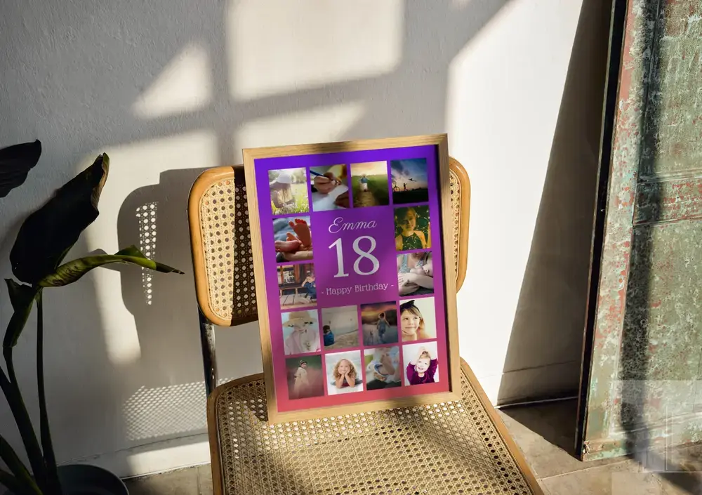 Collage de fotos violeta y rosa con un gran 18, en marco de madera sobre una silla de rejilla, regalo de mayoría de edad