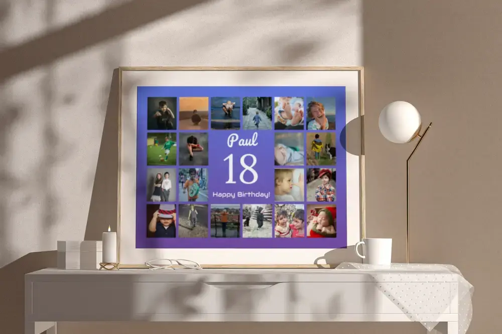 Collage de fotos enmarcado con un gran 18 y nombre sobre fondo azul y violeta, en una cómoda blanca junto a una lámpara