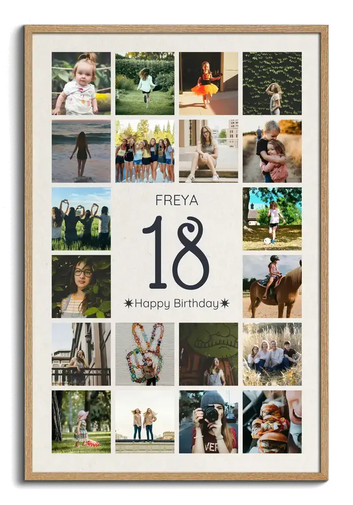 Collage de fotos con un gran 18 y nombre en marco de madera natural, un regalo personalizado para el 18 cumpleaños