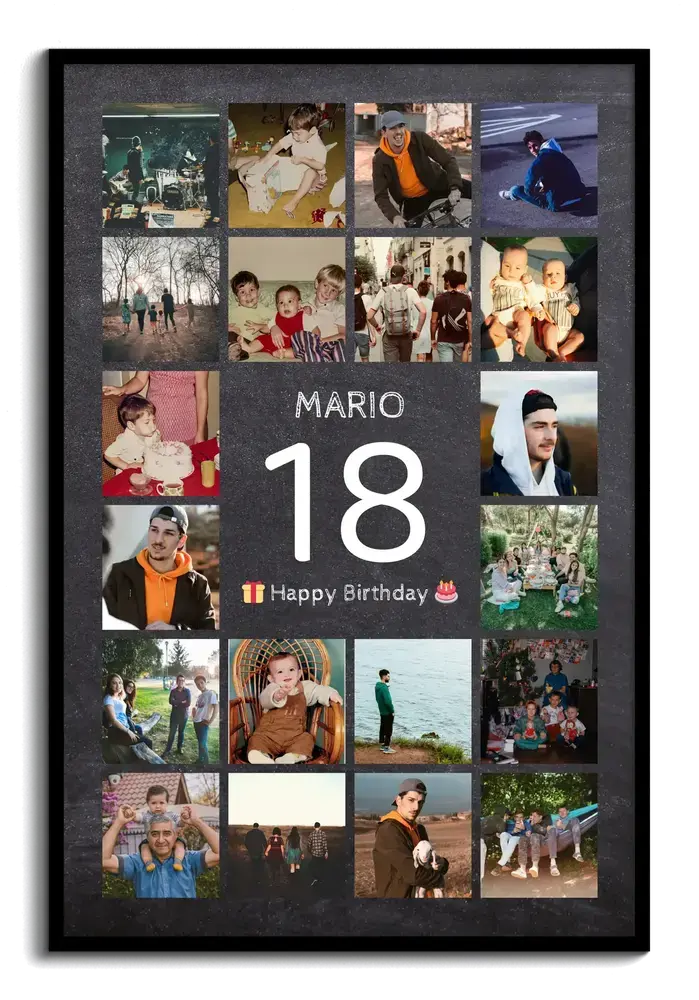 Collage de fotos del 18 cumpleaños en marco negro, con un gran 18 blanco y nombre rodeados de fotos sobre fondo oscuro