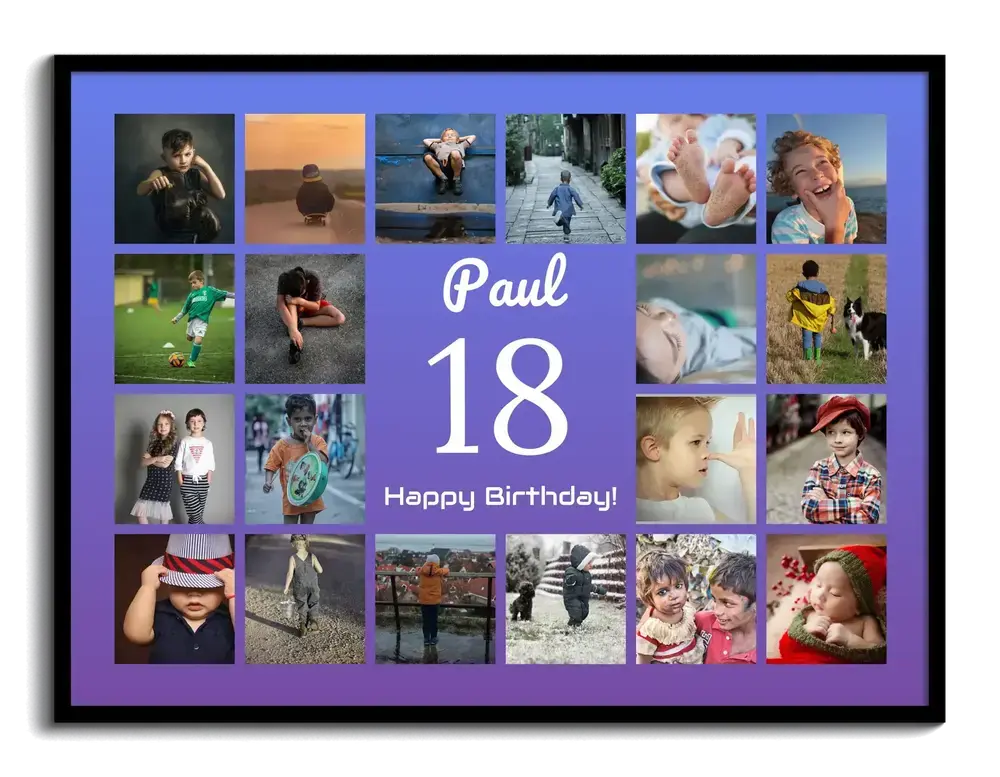 Collage de fotos horizontal con un 18 central sobre fondo azul y violeta, en marco negro, regalo para el 18 cumpleaños