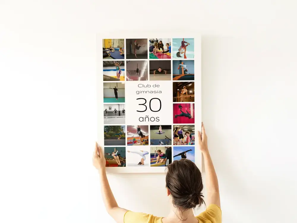 Collage de fotos con un 30 en el centro en una pared blanca, regalo por el 30 aniversario de un club de gimnasia