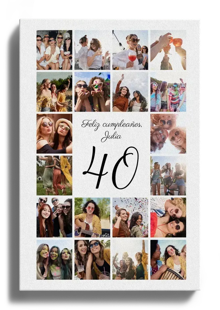 Collage de fotos de amigas en lienzo, con un 40 en el centro sobre fondo blanco, como regalo de 40 cumpleaños