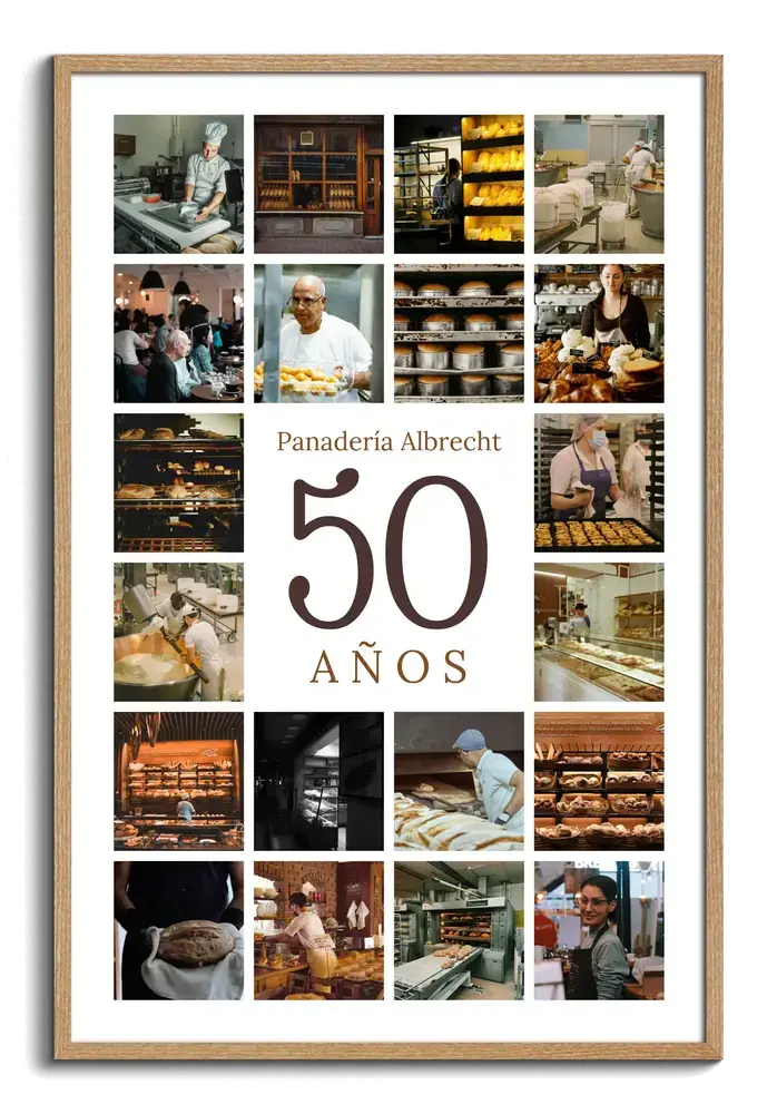 Collage de fotos de panadería alrededor de un gran 50, en marco de madera, regalo para el aniversario de empresa