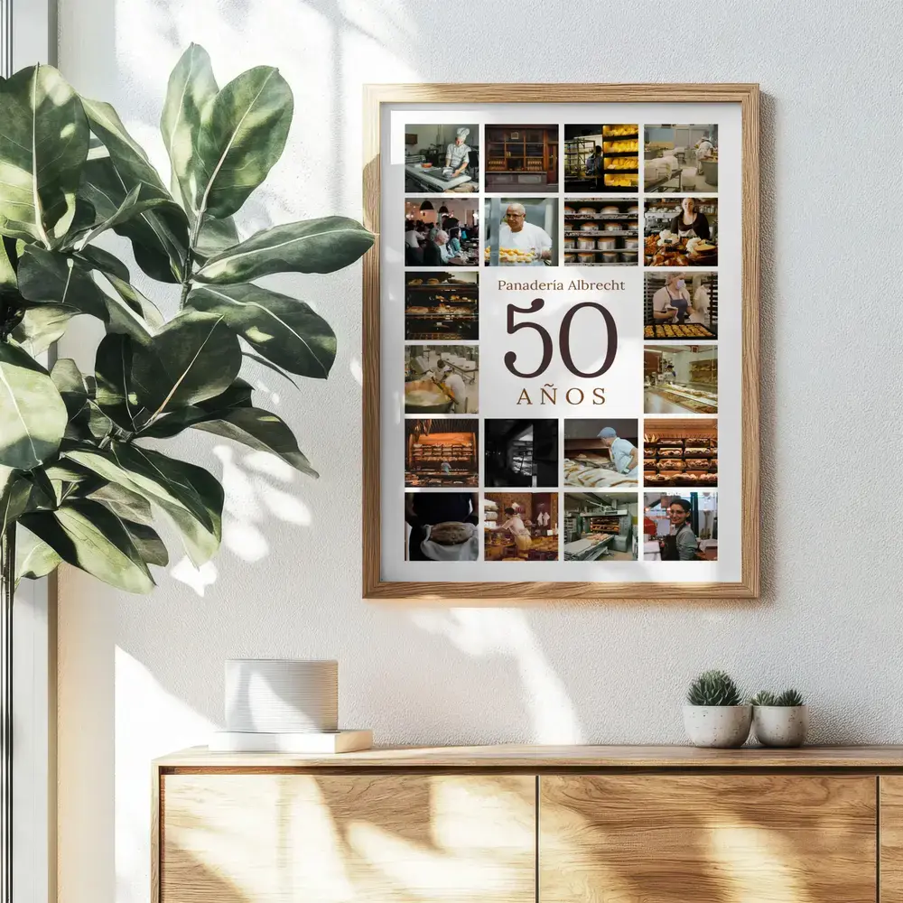 Collage de fotos de panadería con un 50, en marco de madera, regalo por el 50 aniversario del negocio