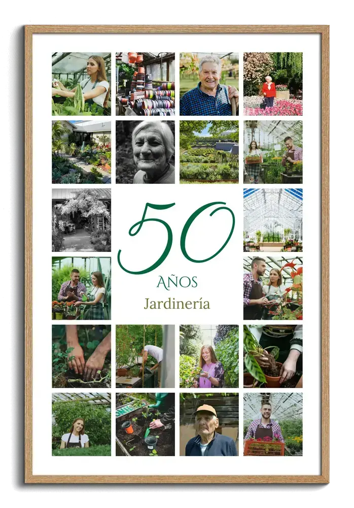 Collage de fotos de jardinería con un 50 verde y marco de madera, regalo por el 50 aniversario de una empresa