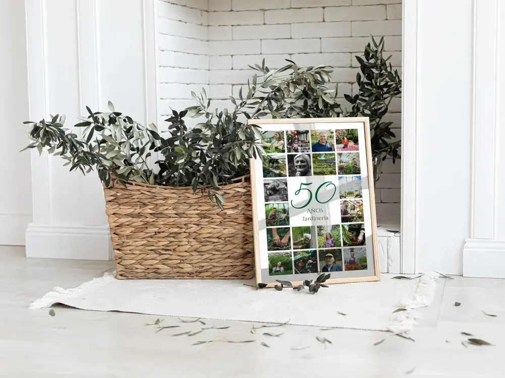 Collage de fotos de jardinería con un 50, enmarcado junto a una cesta, regalo para el 50 aniversario de una empresa