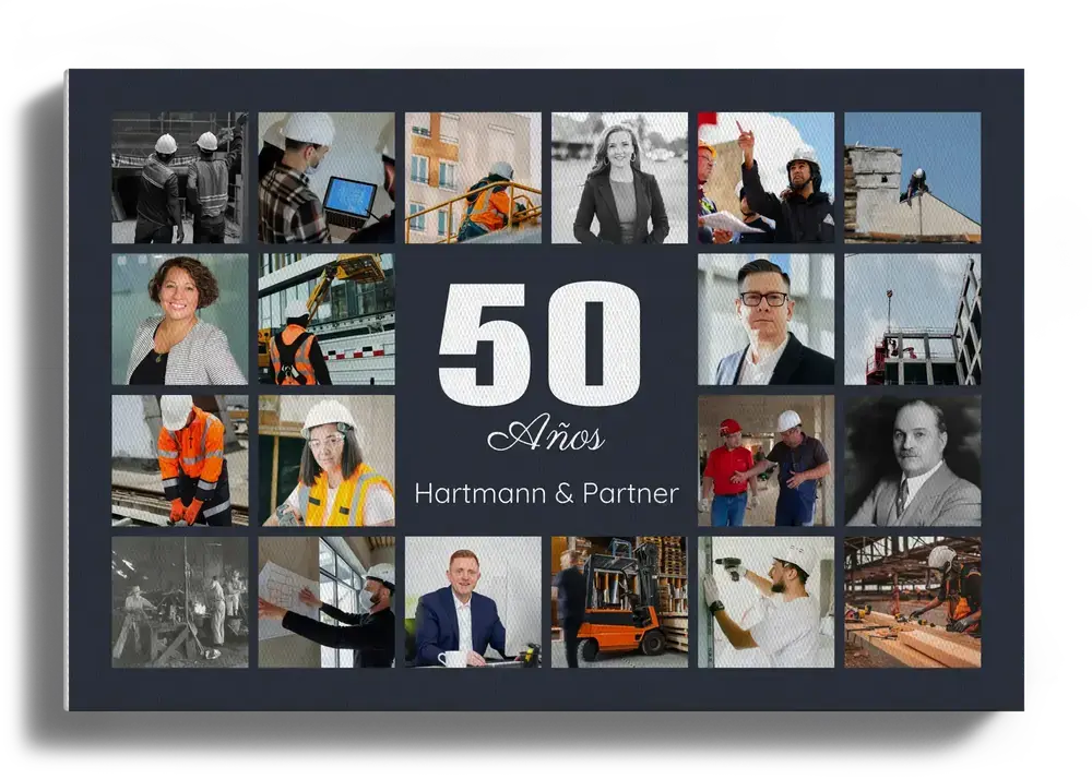 Collage de fotos en lienzo con un gran 50 y fondo gris oscuro, regalo para el 50 aniversario de una empresa