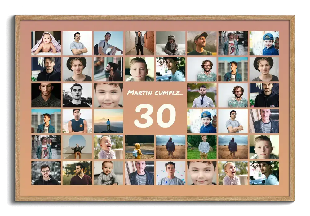 Collage de fotos con un 30 sobre fondo salmón y marco de madera, una idea de regalo para celebrar 30 años.