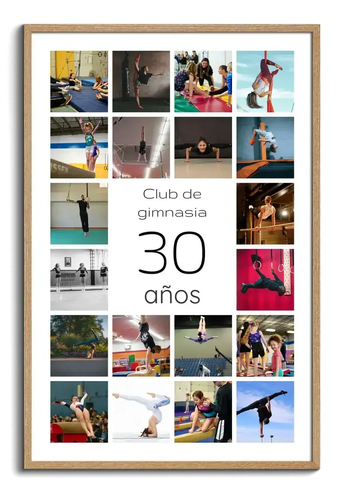 Collage de fotos de gimnasia con un 30 en el centro y marco de madera para el 30 aniversario de un club
