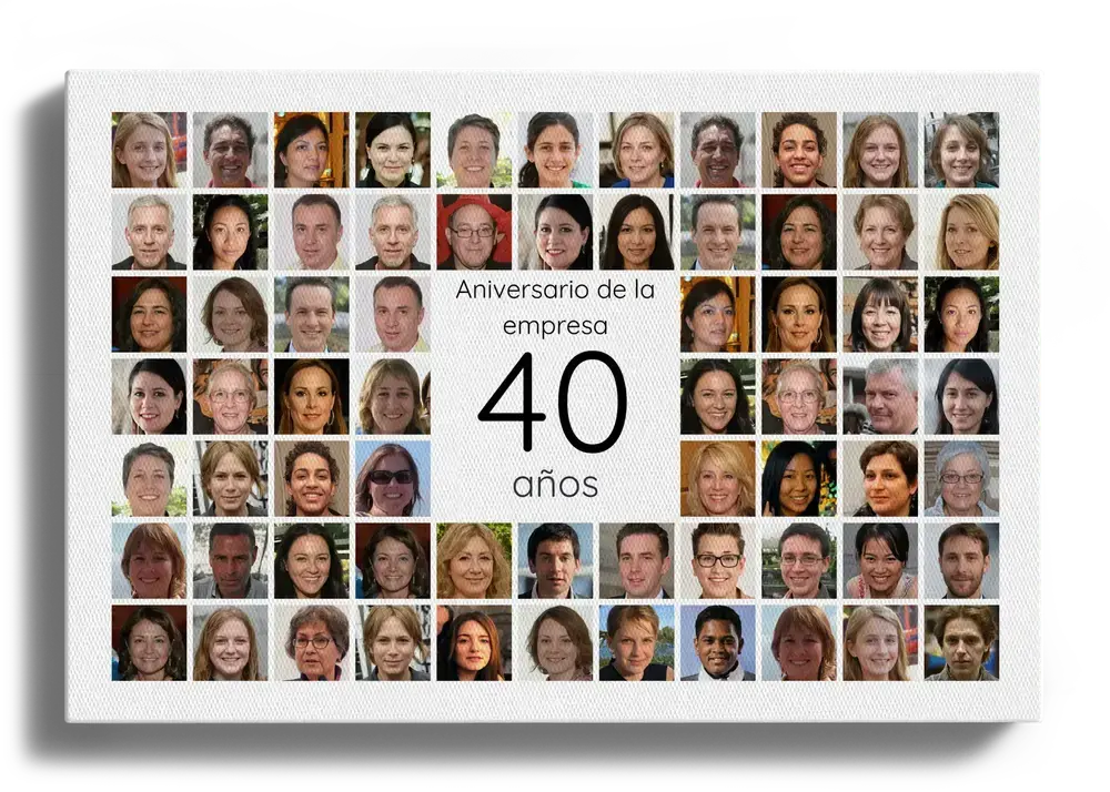 Collage de fotos en lienzo con retratos en cuadrícula alrededor del número 40 para el aniversario de una empresa