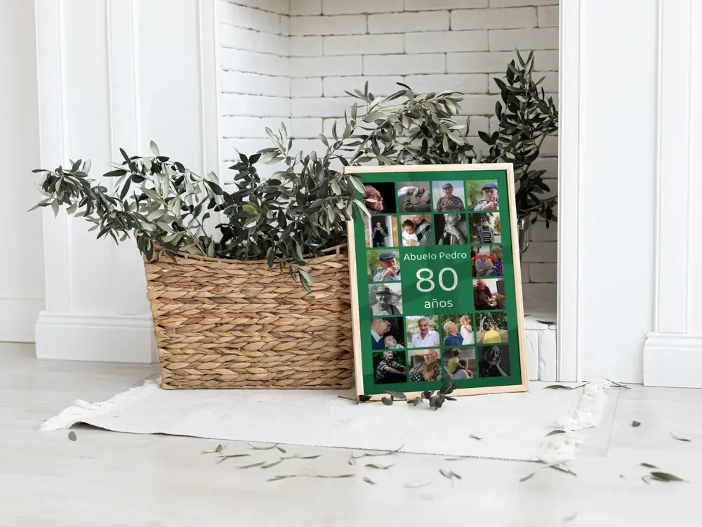 Collage de fotos verde enmarcado, apoyado junto a una cesta, como regalo para el 80 cumpleaños del abuelo