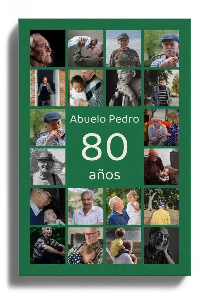 Collage de fotos en lienzo para el 80 cumpleaños del abuelo, con fondo verde y fotos familiares alrededor del número
