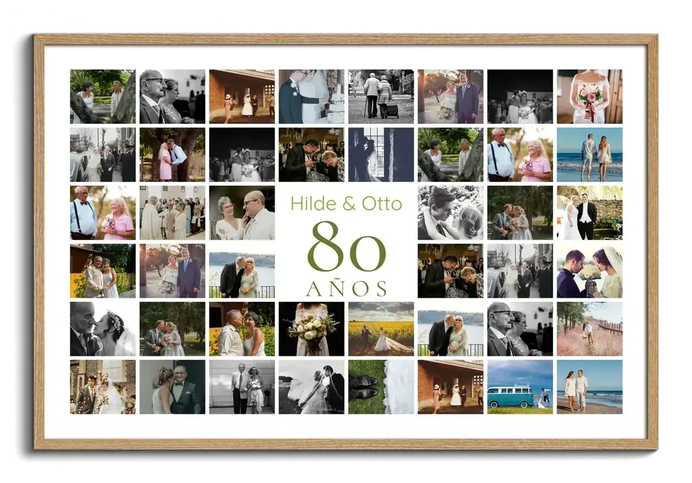 Collage de fotos de pareja con un 80 central y marco de madera, un regalo personalizado de 80 cumpleaños