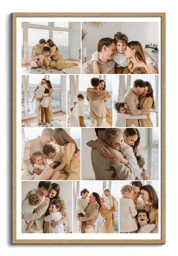 Póster de collage familiar en marco de madera, con diez fotos de padres e hijos en filas y formato vertical