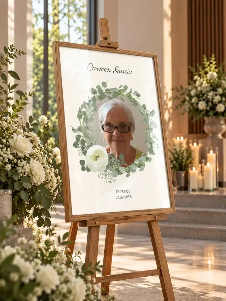 Retrato conmemorativo con corona de eucalipto, en marco de madera sobre un caballete en una capilla