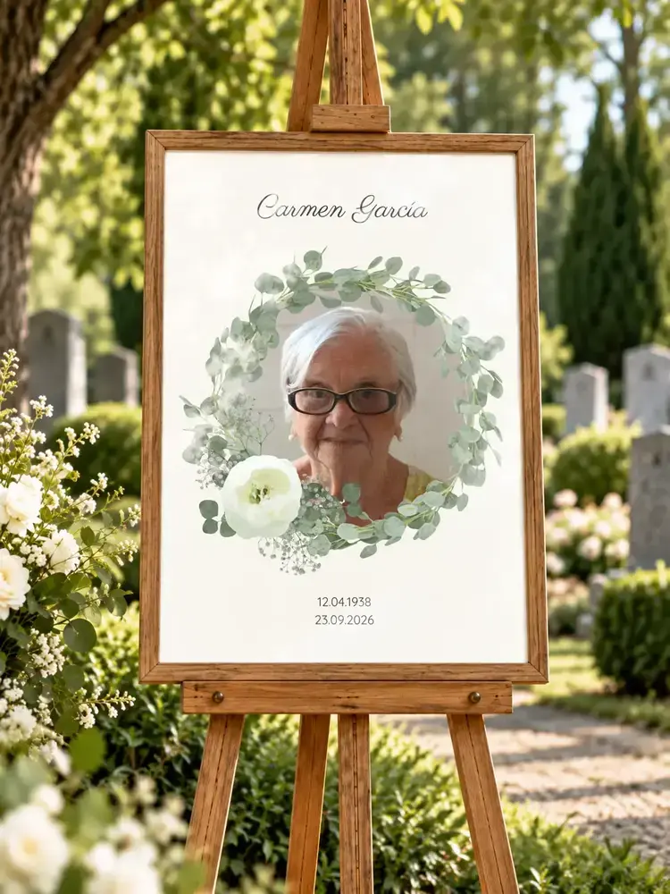 Retrato funerario con corona de hojas, en marco de madera sobre caballete en el cementerio