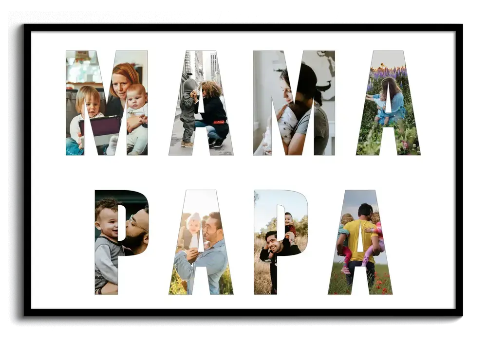 Regalo para padres: collage de fotos en letras grandes sobre fondo blanco, en dos líneas y con marco negro