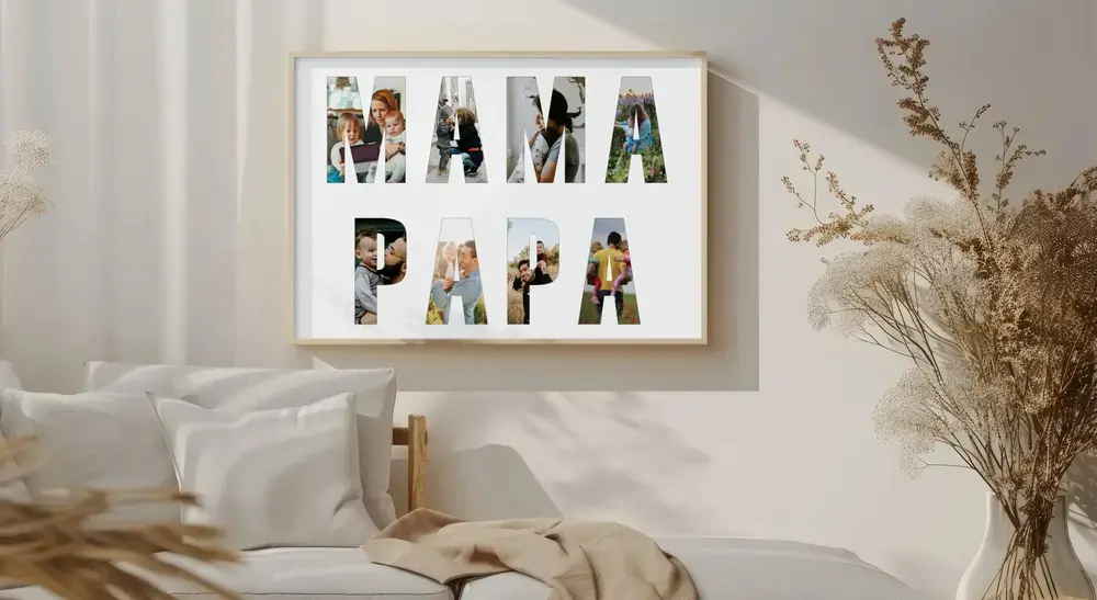Collage de fotos en letras sobre fondo blanco, con marco de madera clara en la pared, regalo para padres