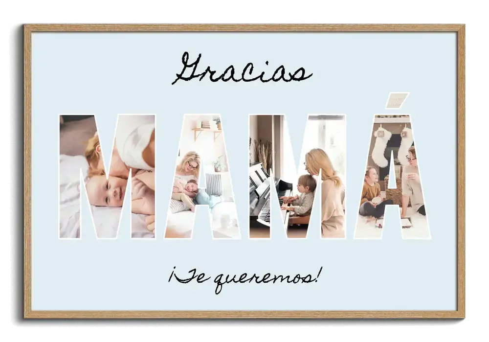Collage de fotos en letras sobre fondo azul claro y marco de madera, un regalo para el Día de la Madre