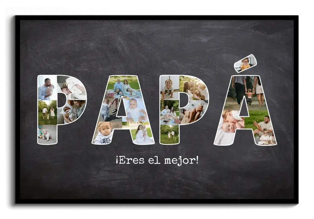 Collage de fotos en letras con fondo de pizarra y marco negro, un regalo personalizado para papá