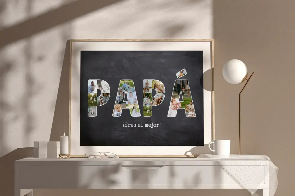 Collage de fotos para papá en grandes letras sobre fondo de pizarra, con marco de madera sobre un aparador