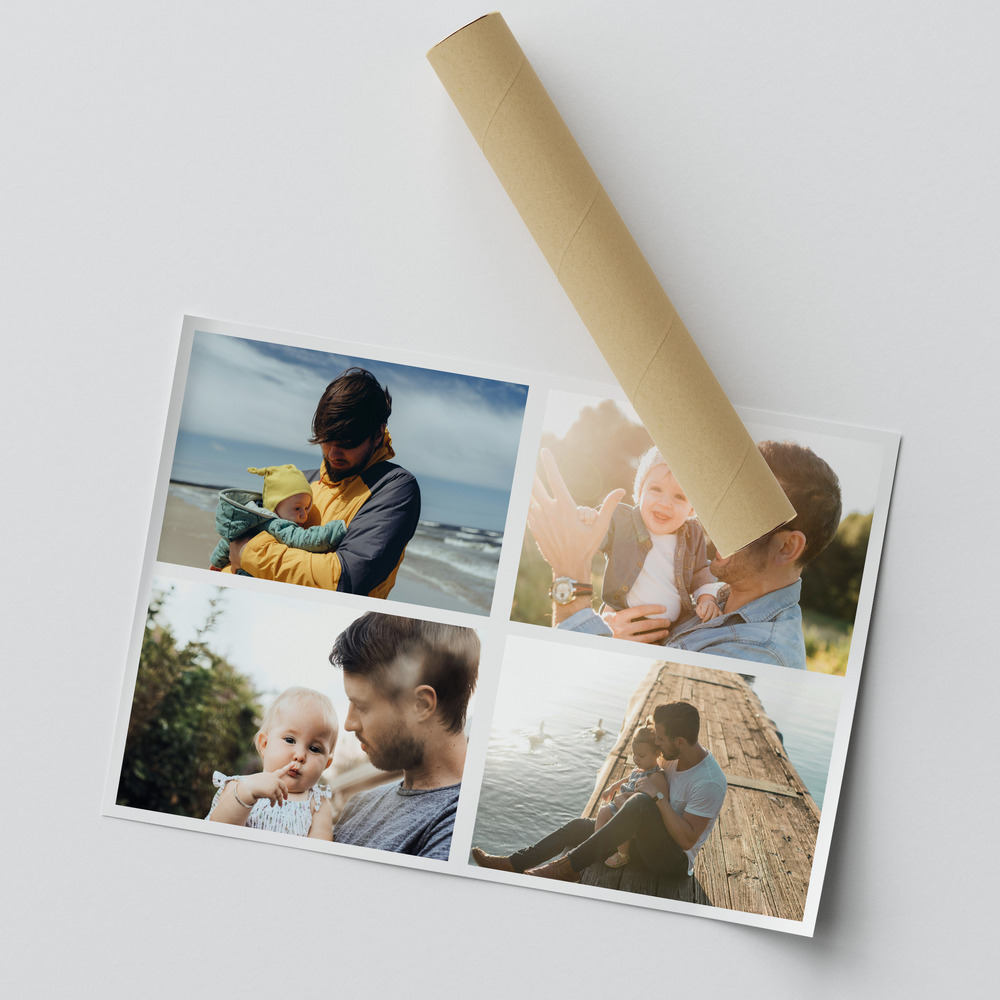 Póster de collage para papá, parcialmente enrollado, con cuatro fotos grandes de padres e hijos y bordes blancos
