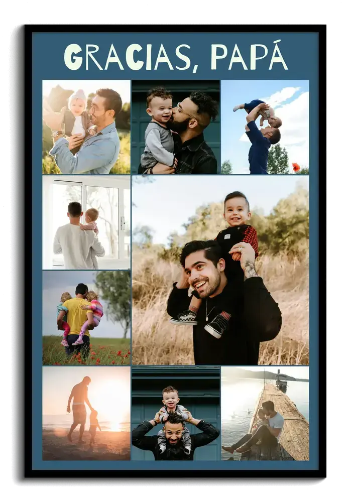 Collage de fotos de papás con sus hijos y dedicatoria en marco negro, un regalo para el Día del Padre