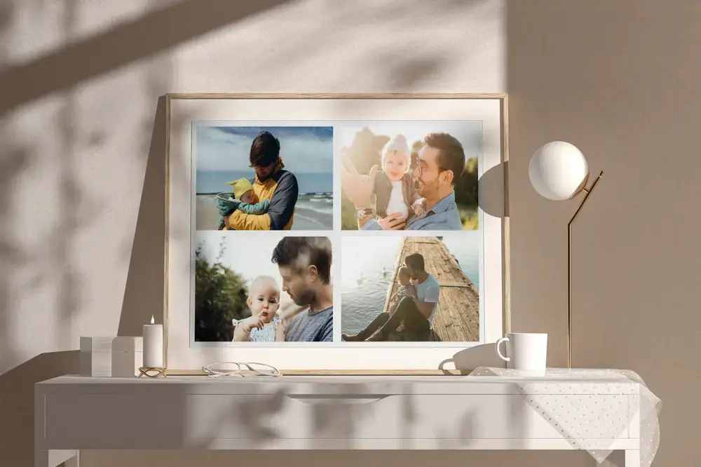 Collage enmarcado de cuatro fotos de padres e hijos sobre un aparador al sol, un regalo para el Día del Padre