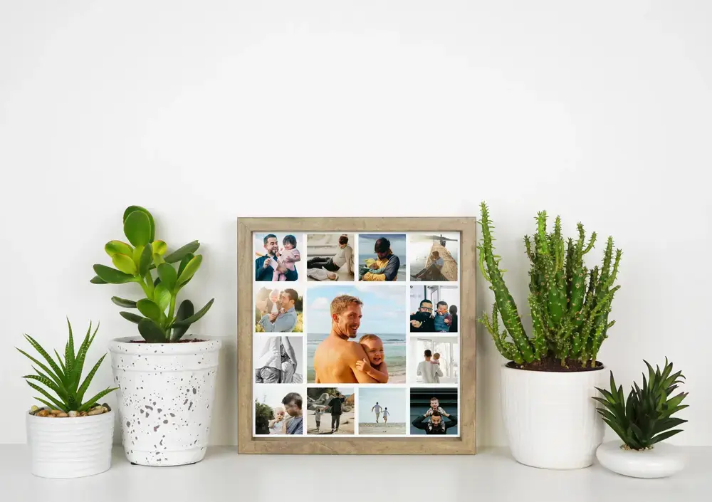 Collage de fotos enmarcado entre plantas, con una gran foto central de padre e hijo, un regalo para papá