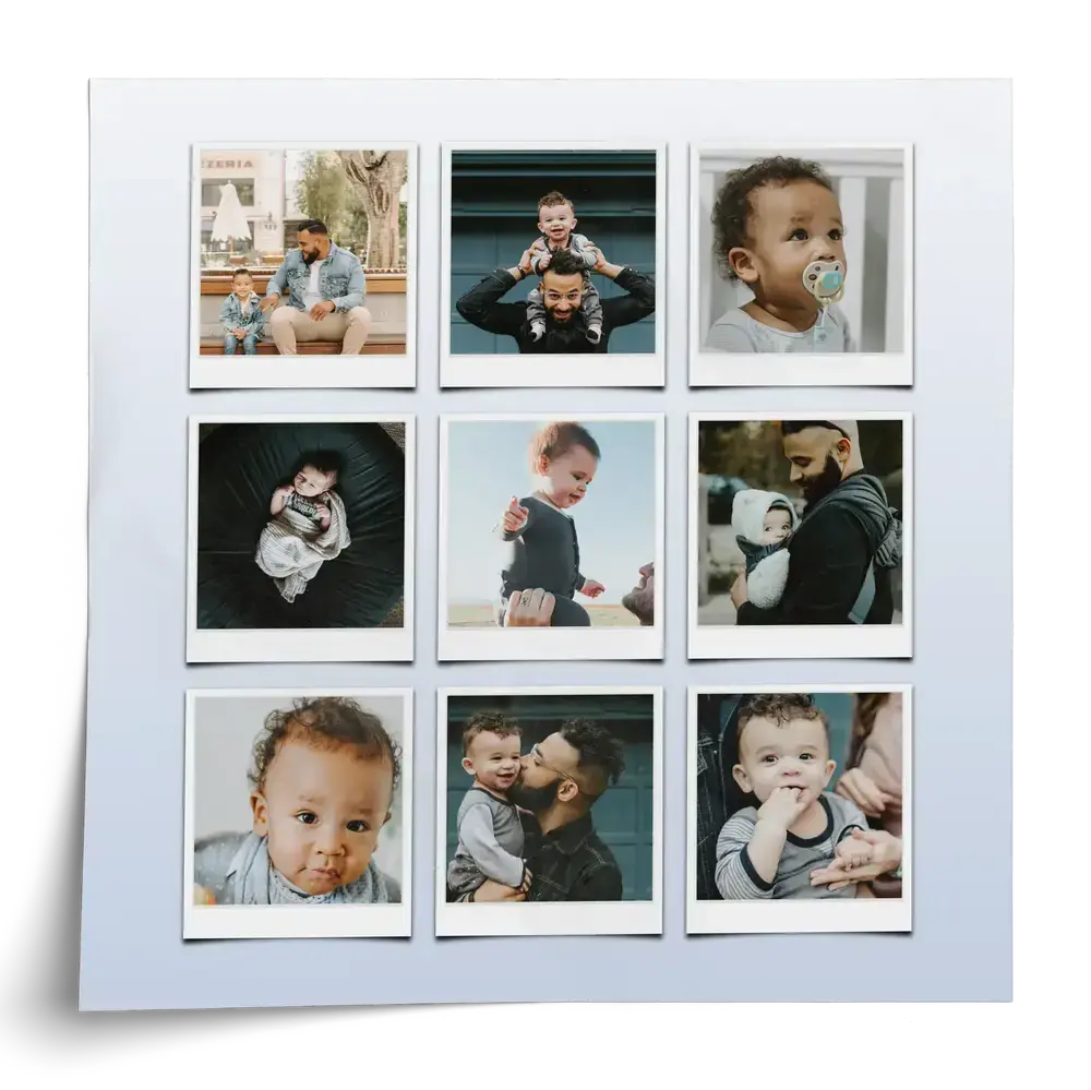 Póster con collage de nueve fotos estilo Polaroid de papá y sus hijos sobre un degradado azul claro