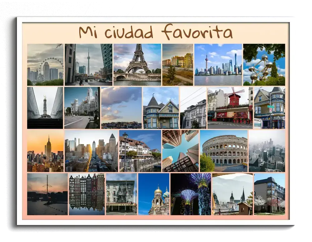 Collage de fotos de viajes con ciudades y monumentos en cuadrícula, texto personalizado y marco blanco