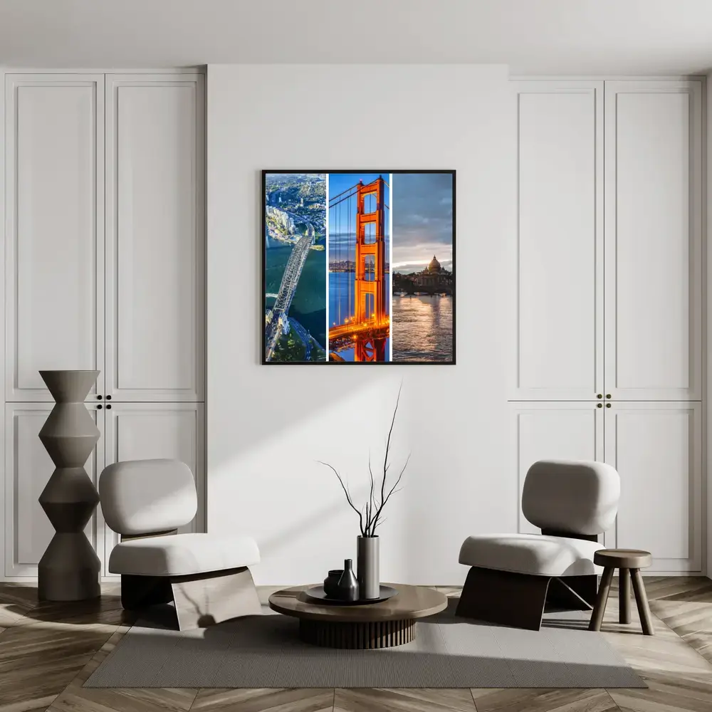 Collage de viaje con tres vistas verticales de ciudades y el Golden Gate en la pared de un salón luminoso