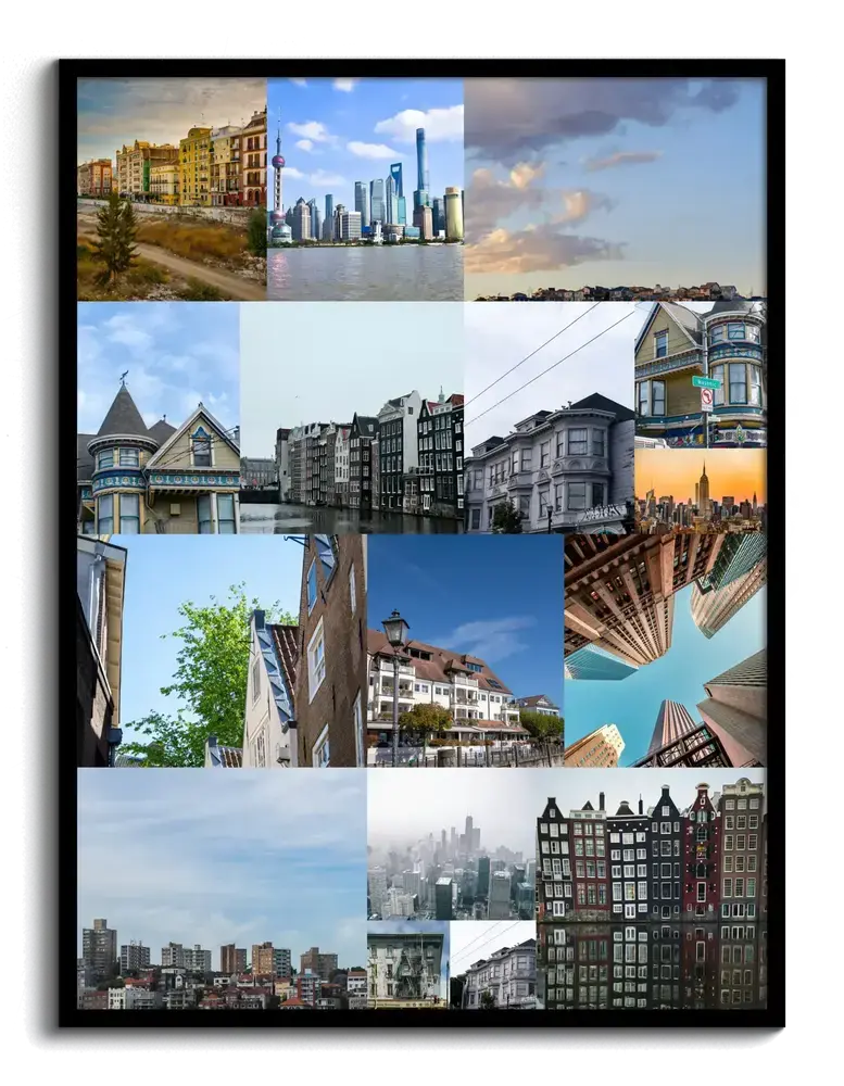 Collage de fotos de viajes con ciudades y monumentos en recuadros de distintos tamaños, con marco negro