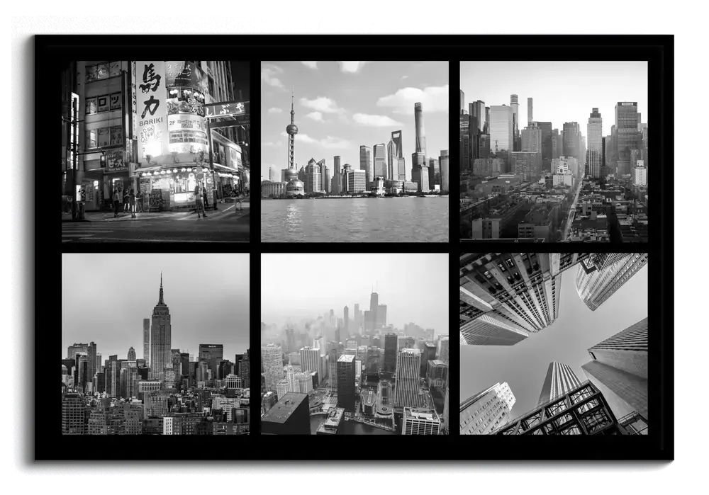 Collage de seis fotos de panorámicas urbanas y rascacielos en blanco y negro, en cuadrícula con marco negro