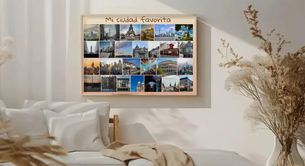 Collage enmarcado de fotos de vacaciones con ciudades, monumentos y texto personalizado sobre la cama