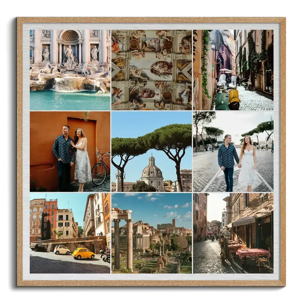 Collage cuadrado de nueve fotos de Roma en cuadrícula, con borde blanco y marco de madera natural