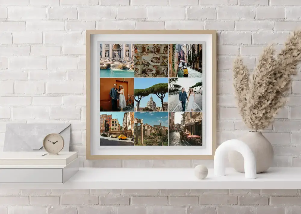 Collage enmarcado de nueve fotos de Roma sobre un aparador blanco, una idea de regalo para compañeros de viaje