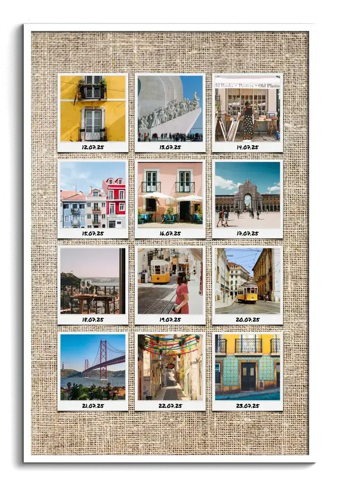 Collage de doce fotos de Lisboa estilo Polaroid con fechas, sobre fondo de yute y con marco blanco