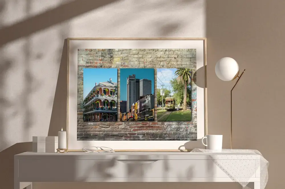 Collage de tres fotos de Nueva Orleans sobre fondo de ladrillo, enmarcado sobre una cómoda, un recuerdo para regalar