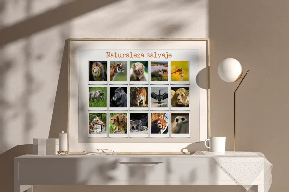 Collage de fotos de animales salvajes estilo Polaroid con título, en marco de madera clara sobre un aparador