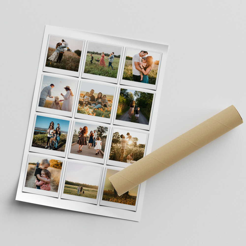 Póster con doce fotos familiares en cuadrícula de estilo Polaroid sobre fondo blanco, junto a un tubo de envío